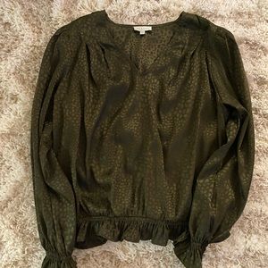 Forest army green crocodile or snake print blouse long sleeves with ruffles